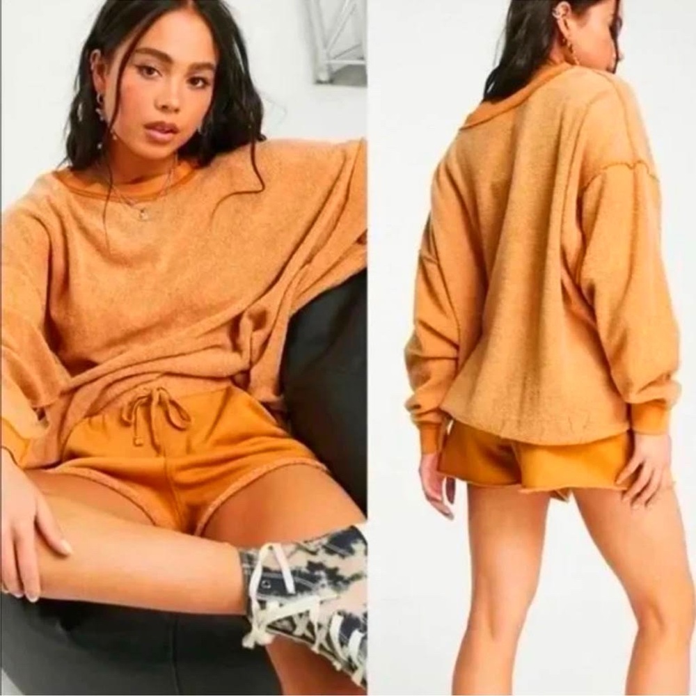 Free People Kelly Sherpa Pullover + Shorts Set in Cognac XS EUC